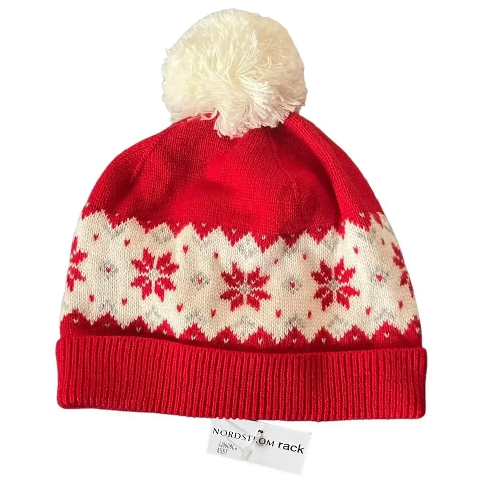 Janie And Jack Red Snowflake Pom Pom Beanie Size 6 - 12 M